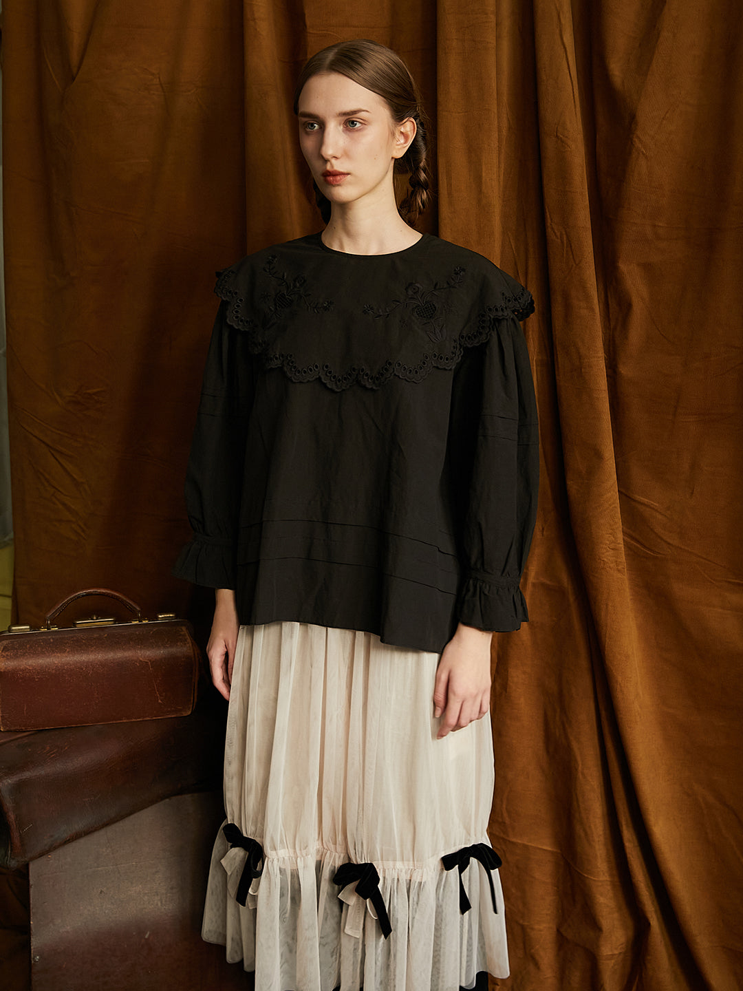 Unlogical Poem Victorian style Hollow Embroidery Black Shirt