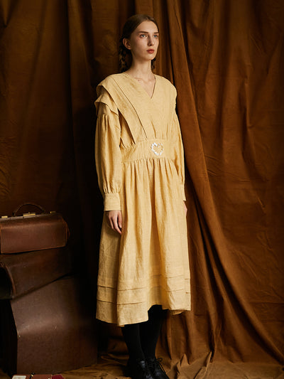 Unlogical Poem Victorian style V-neck Pleated High waist Yellow Dress