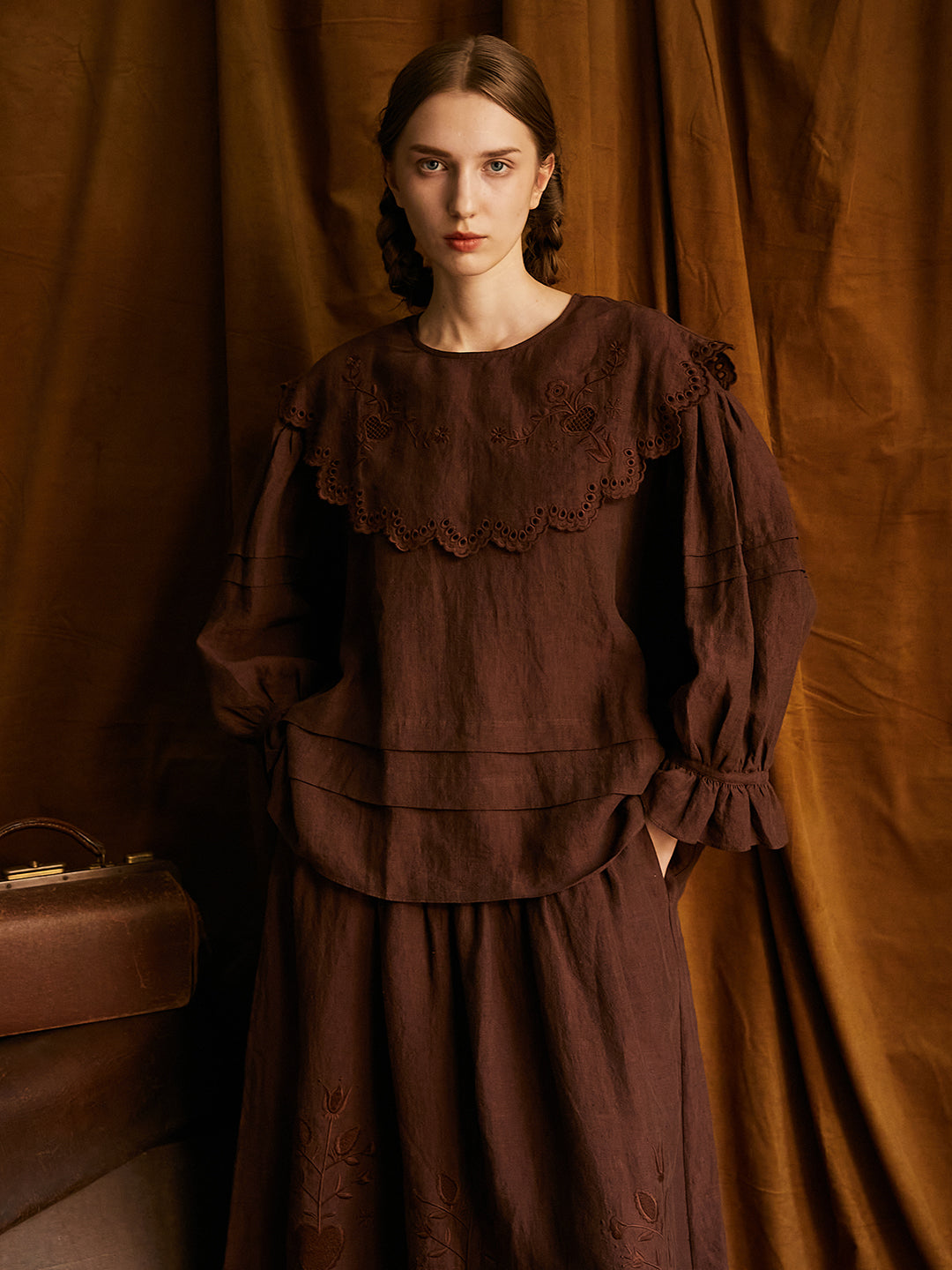 Unlogical Poem Victorian style Hollow Embroidery Brown Shirt