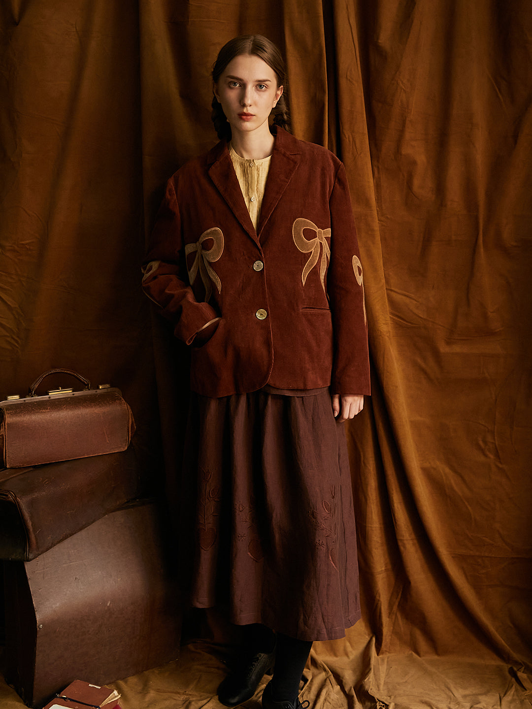 Unlogical Poem Bow-knot Appliques Brown Cotton corduroy Blazer