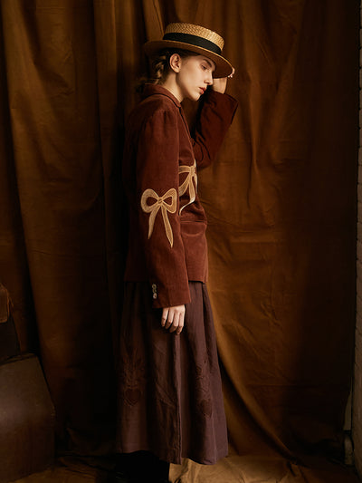 Unlogical Poem Bow-knot Appliques Brown Cotton corduroy Blazer