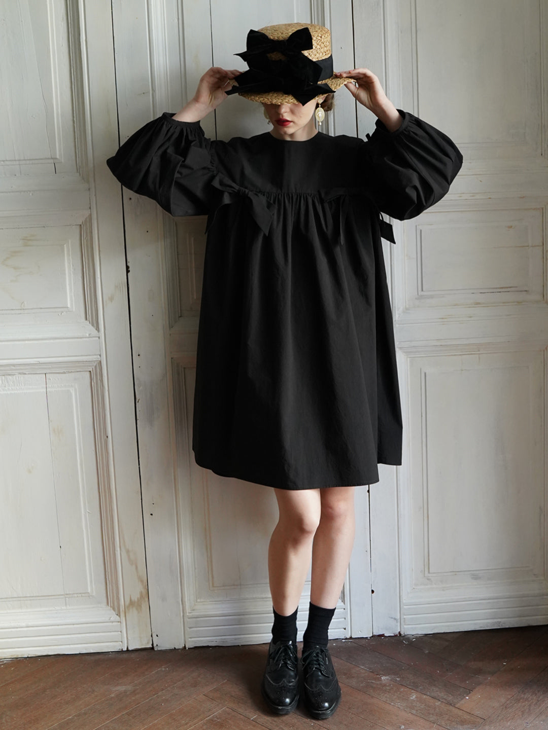 Unlogical Poem Elegant Style Bow Black Cotton Dress