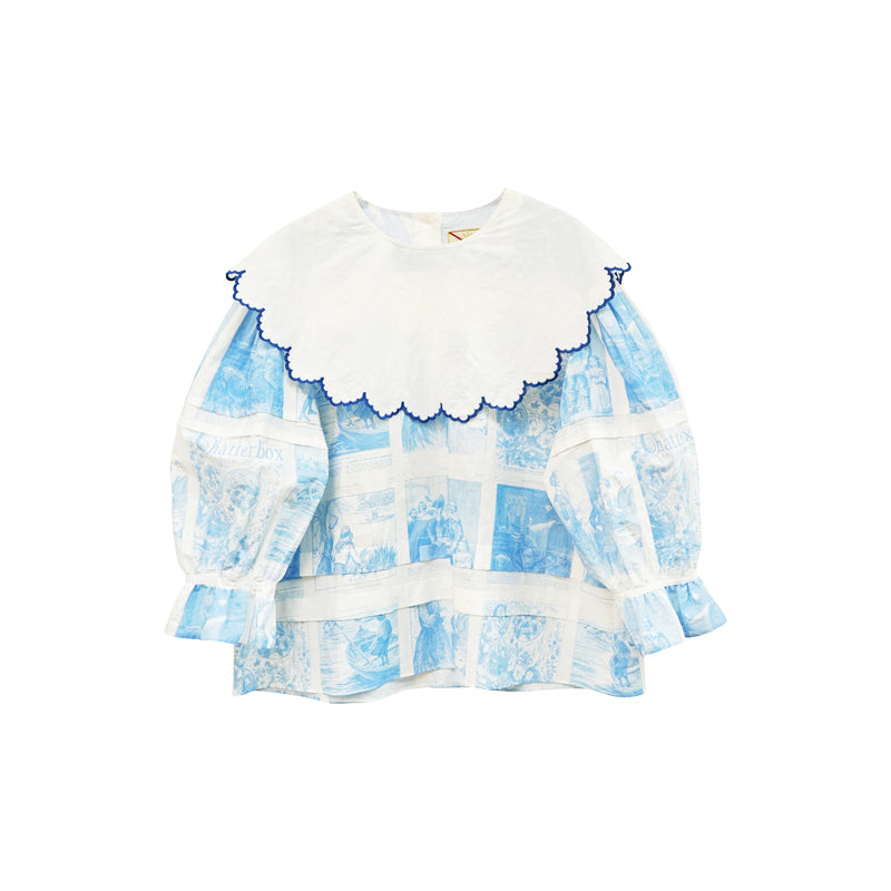 Unlogical Poem  Cape Collar Embroidery  Print and Puff Sleeves Blouse