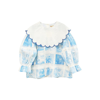 Unlogical Poem  Cape Collar Embroidery  Print and Puff Sleeves Blouse