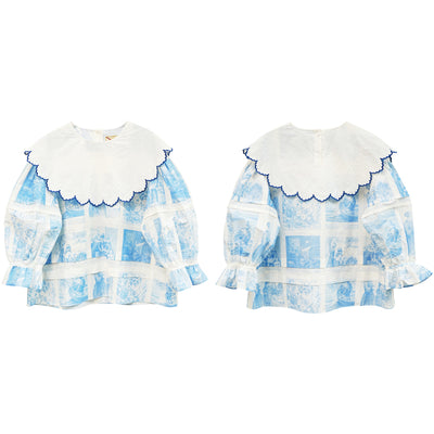 Unlogical Poem  Cape Collar Embroidery  Print and Puff Sleeves Blouse