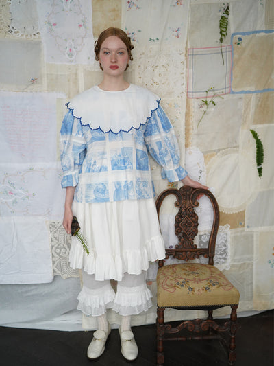 Unlogical Poem  Cape Collar Embroidery  Print and Puff Sleeves Blouse