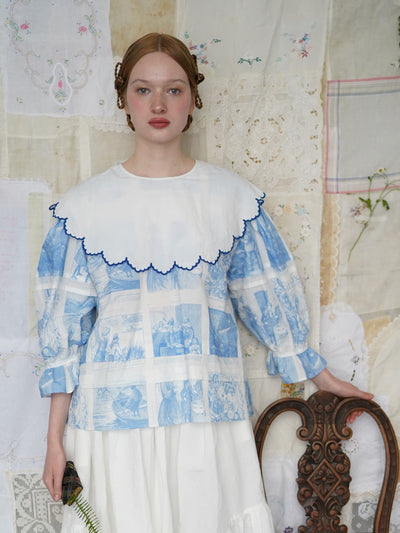 Unlogical Poem  Cape Collar Embroidery  Print and Puff Sleeves Blouse