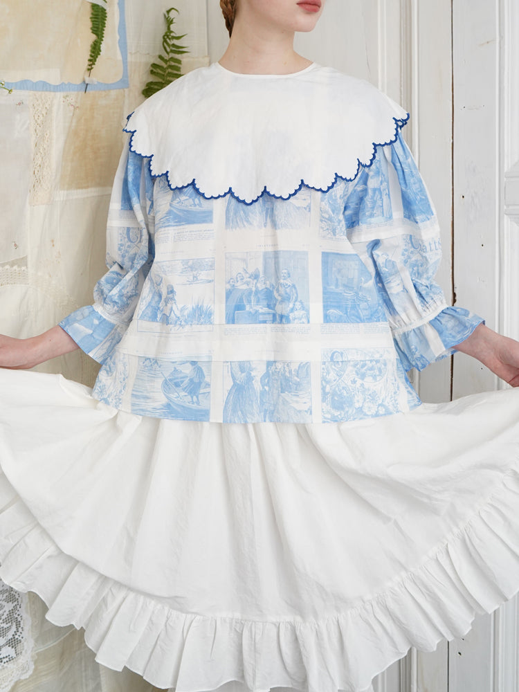 Unlogical Poem  Cape Collar Embroidery  Print and Puff Sleeves Blouse