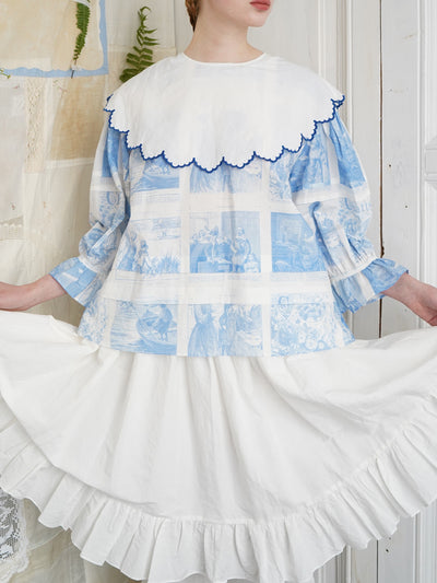 Unlogical Poem  Cape Collar Embroidery  Print and Puff Sleeves Blouse