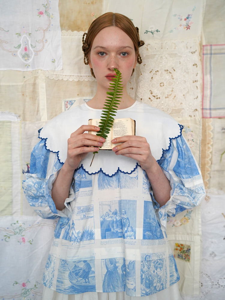 Unlogical Poem  Cape Collar Embroidery  Print and Puff Sleeves Blouse