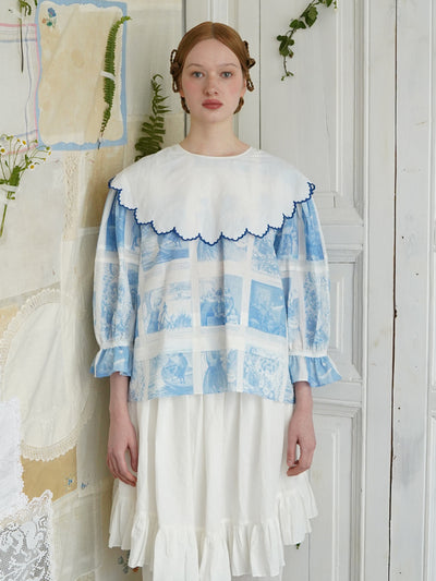 Unlogical Poem  Cape Collar Embroidery  Print and Puff Sleeves Blouse