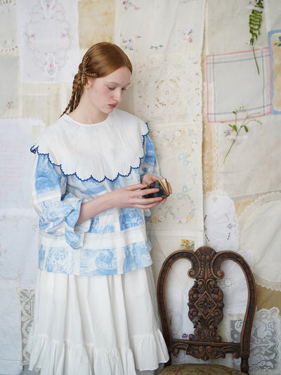 Unlogical Poem  Cape Collar Embroidery  Print and Puff Sleeves Blouse