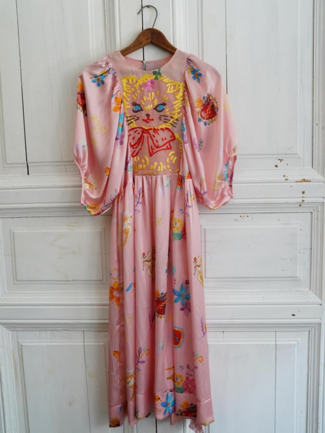 Unlogical Poem  Cat Appliqué and Hand-Painted Print Silk Dress