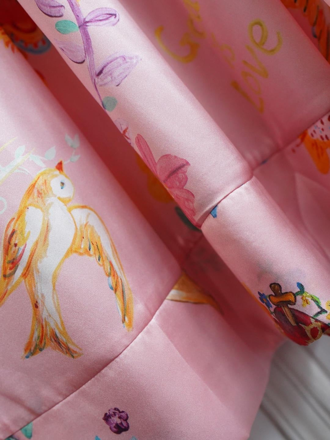 Unlogical Poem  Cat Appliqué and Hand-Painted Print Silk Dress