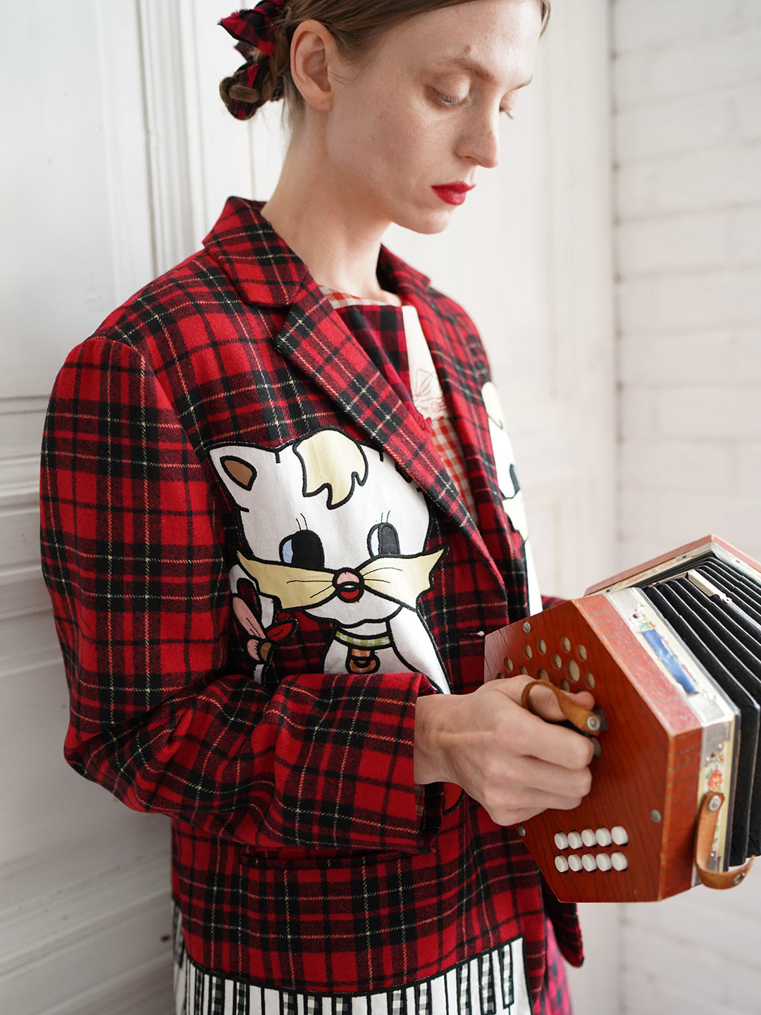 Unlogical Poem Vintage-style Cat Patch Embroidered Red Tartan Woolen Blazer