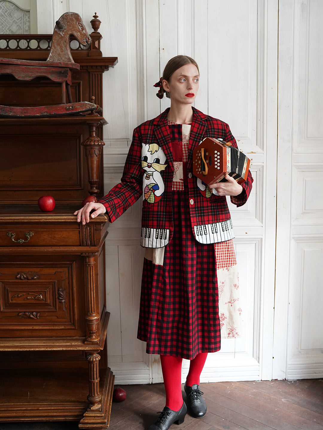 Unlogical Poem Vintage-style Cat Patch Embroidered Red Tartan Woolen Blazer