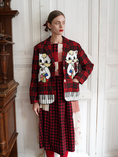 Unlogical Poem Vintage-style Cat Patch Embroidered Red Tartan Woolen Blazer
