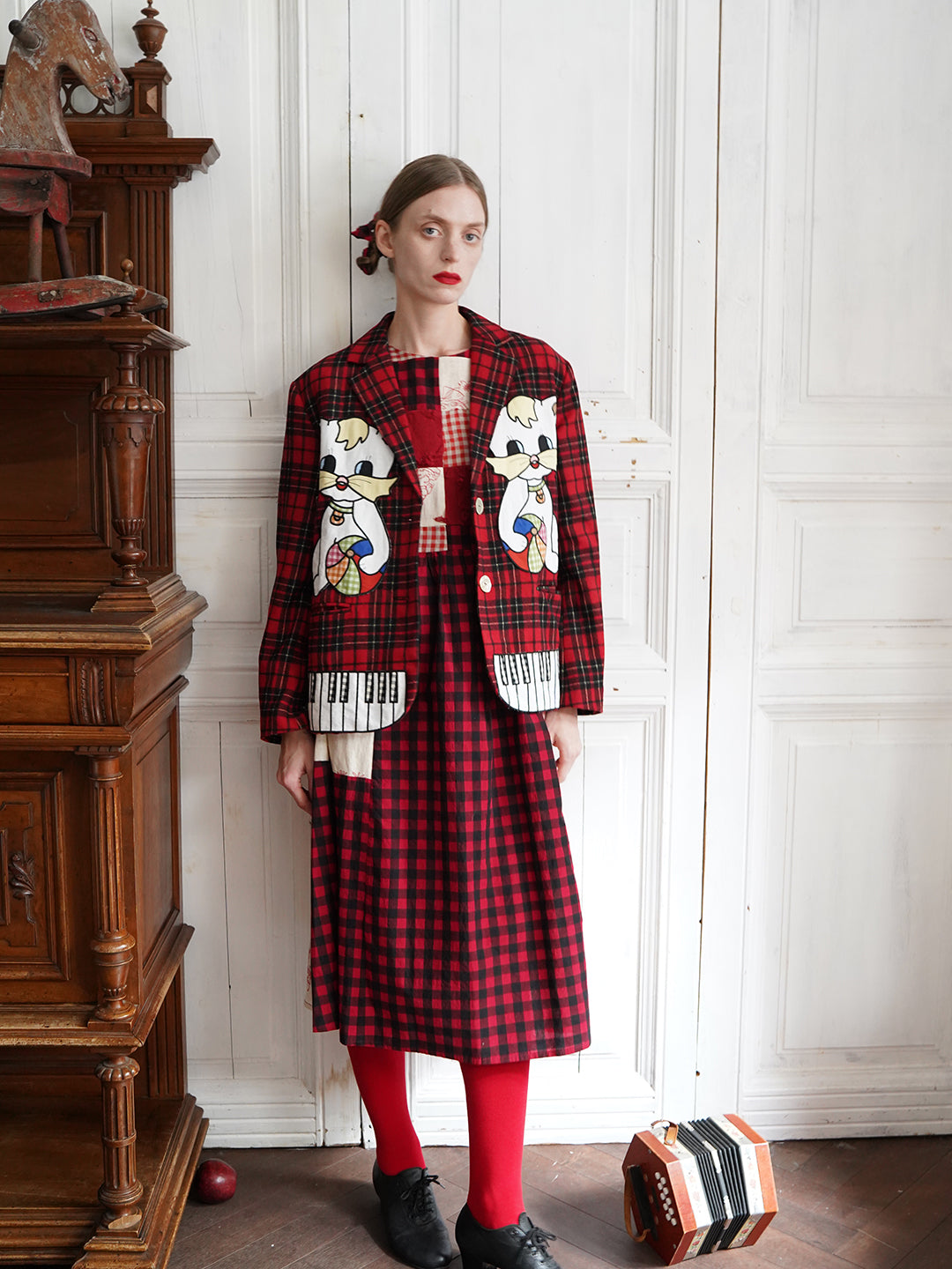 Unlogical Poem  Gingham and Embroidered Fabric Red Patchwork Dress