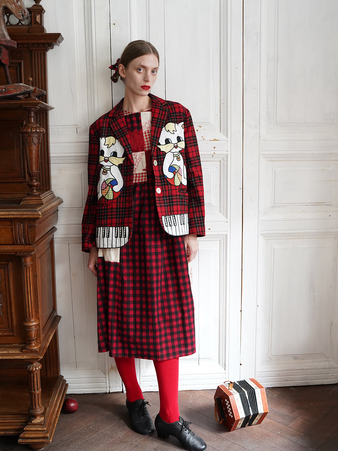Unlogical Poem Vintage-style Cat Patch Embroidered Red Tartan Woolen Blazer