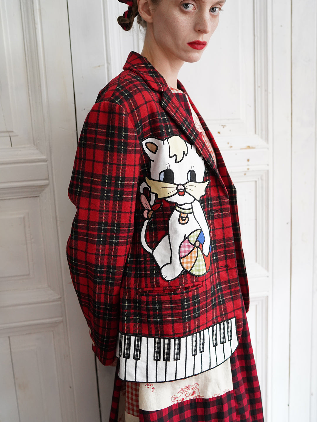 Unlogical Poem Vintage-style Cat Patch Embroidered Red Tartan Woolen Blazer
