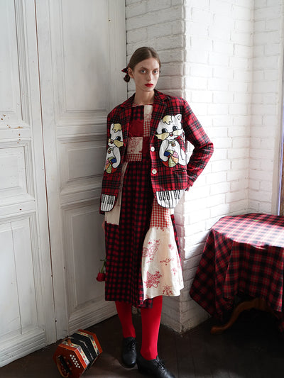 Unlogical Poem Vintage-style Cat Patch Embroidered Red Tartan Woolen Blazer