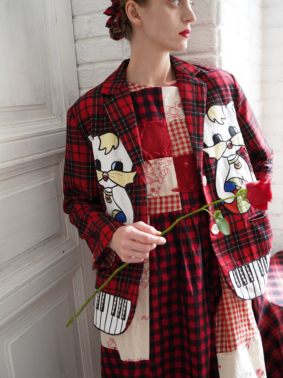 Unlogical Poem Vintage-style Cat Patch Embroidered Red Tartan Woolen Blazer