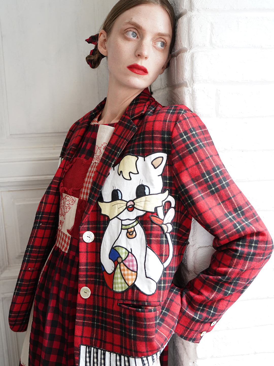 Unlogical Poem Vintage-style Cat Patch Embroidered Red Tartan Woolen Blazer