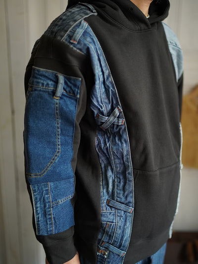 Unlogical Poem Denim Patchwork Black Hoodie