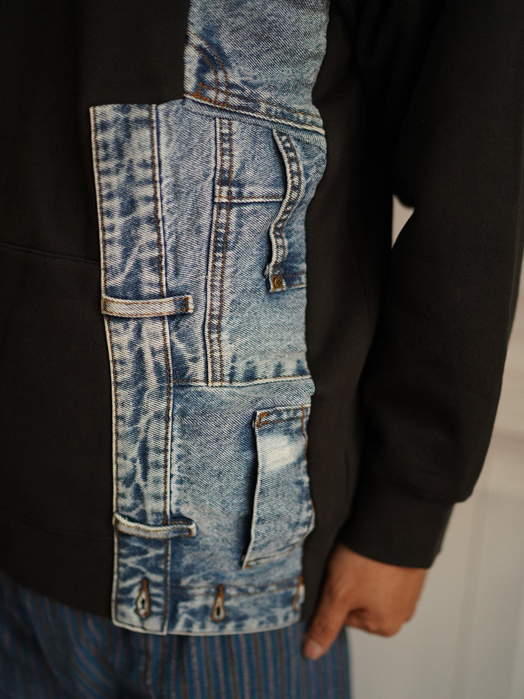 Unlogical Poem Denim Patchwork Black Hoodie