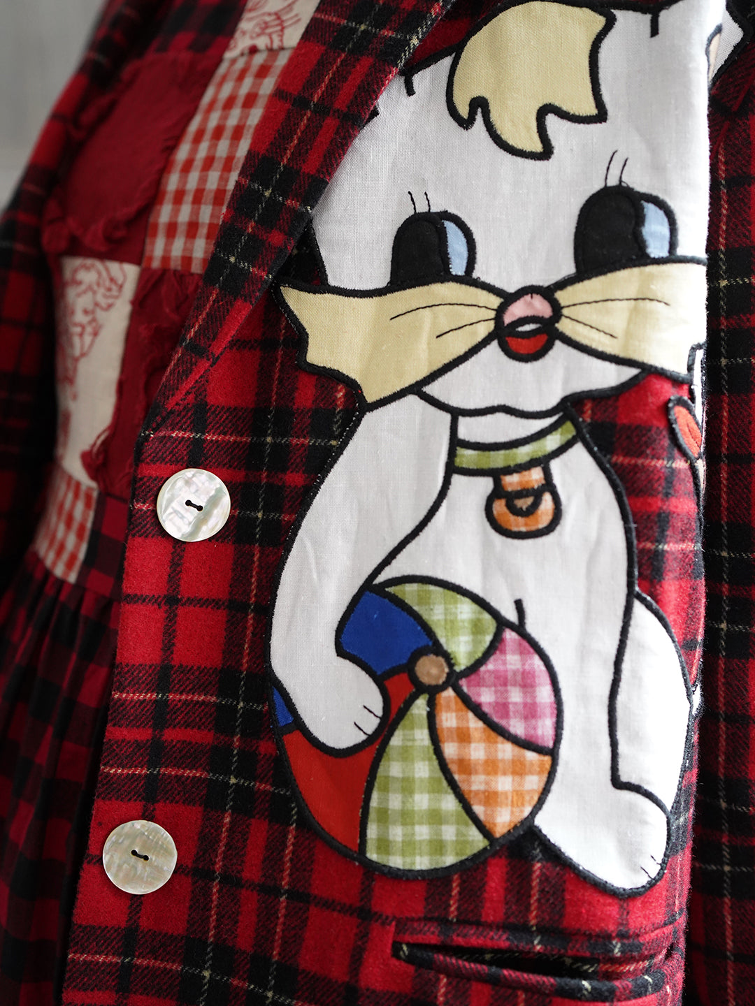 Unlogical Poem Vintage-style Cat Patch Embroidered Red Tartan Woolen Blazer