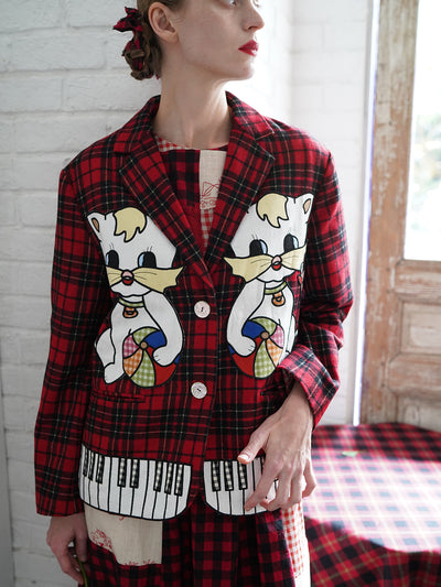 Unlogical Poem Vintage-style Cat Patch Embroidered Red Tartan Woolen Blazer