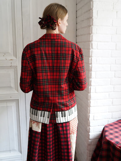 Unlogical Poem Vintage-style Cat Patch Embroidered Red Tartan Woolen Blazer