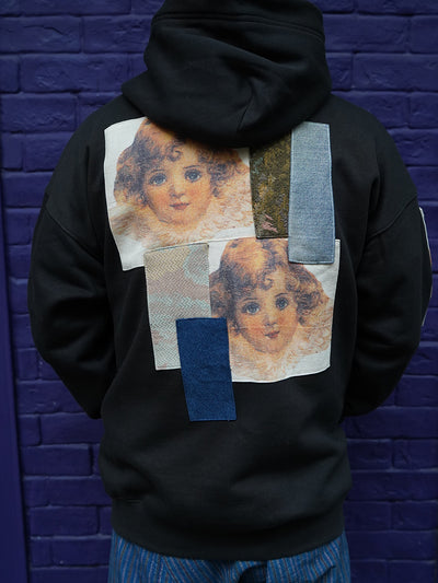 Unlogical Poem Vintage Style Angel Print Patchwork Hoodie