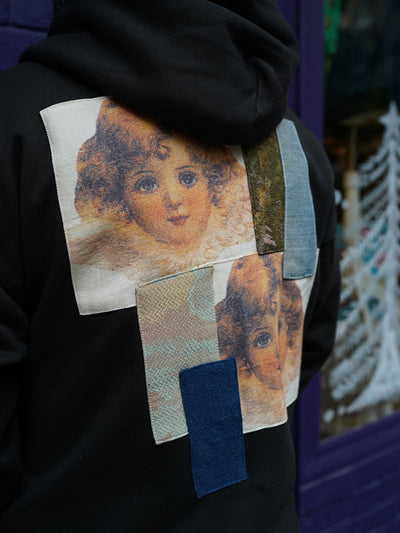 Unlogical Poem Vintage Style Angel Print Patchwork Hoodie