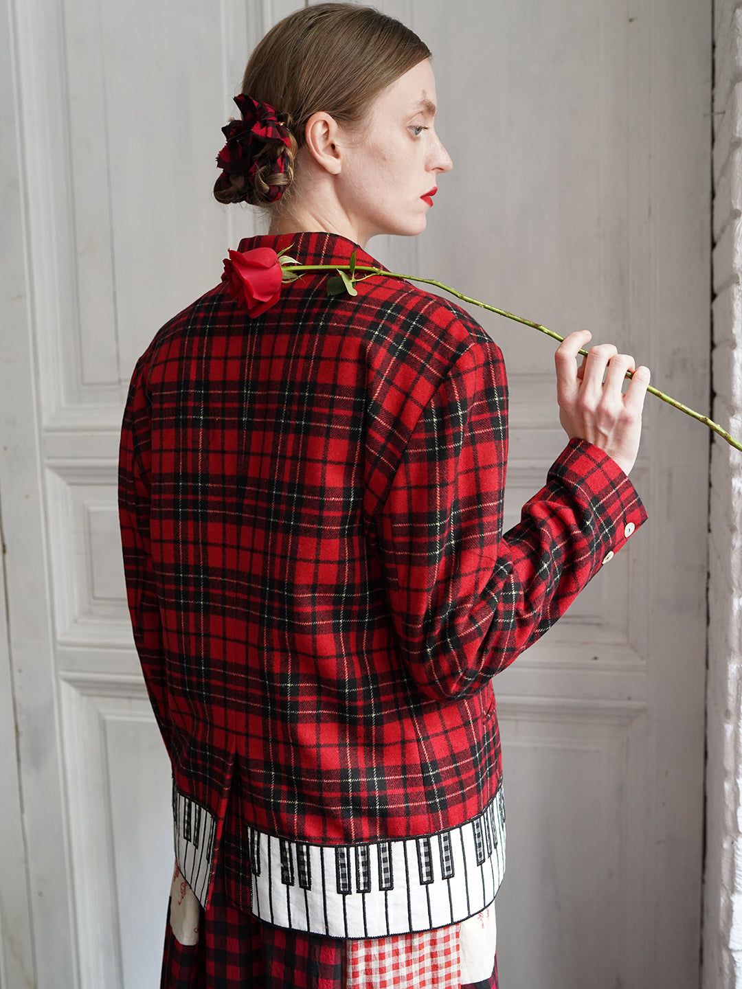 Unlogical Poem Vintage-style Cat Patch Embroidered Red Tartan Woolen Blazer