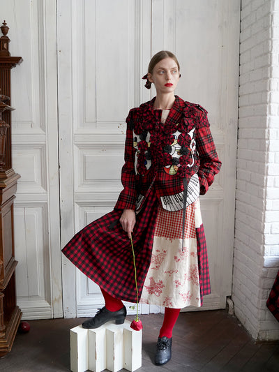 Unlogical Poem  Gingham and Embroidered Fabric Red Patchwork Dress