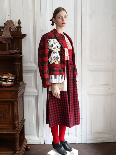 Unlogical Poem Vintage-style Cat Patch Embroidered Red Tartan Woolen Blazer