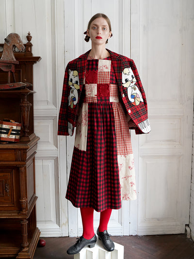 Unlogical Poem  Gingham and Embroidered Fabric Red Patchwork Dress