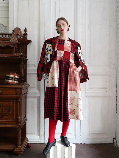 Unlogical Poem Vintage-style Cat Patch Embroidered Red Tartan Woolen Blazer