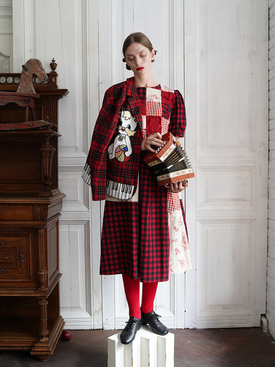 Unlogical Poem Vintage-style Cat Patch Embroidered Red Tartan Woolen Blazer