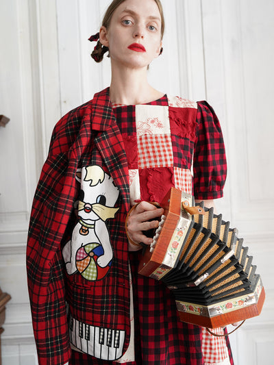 Unlogical Poem Vintage-style Cat Patch Embroidered Red Tartan Woolen Blazer