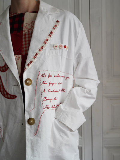 Unlogical Poem Poem Embroidery White Cotton Oversized Blazer