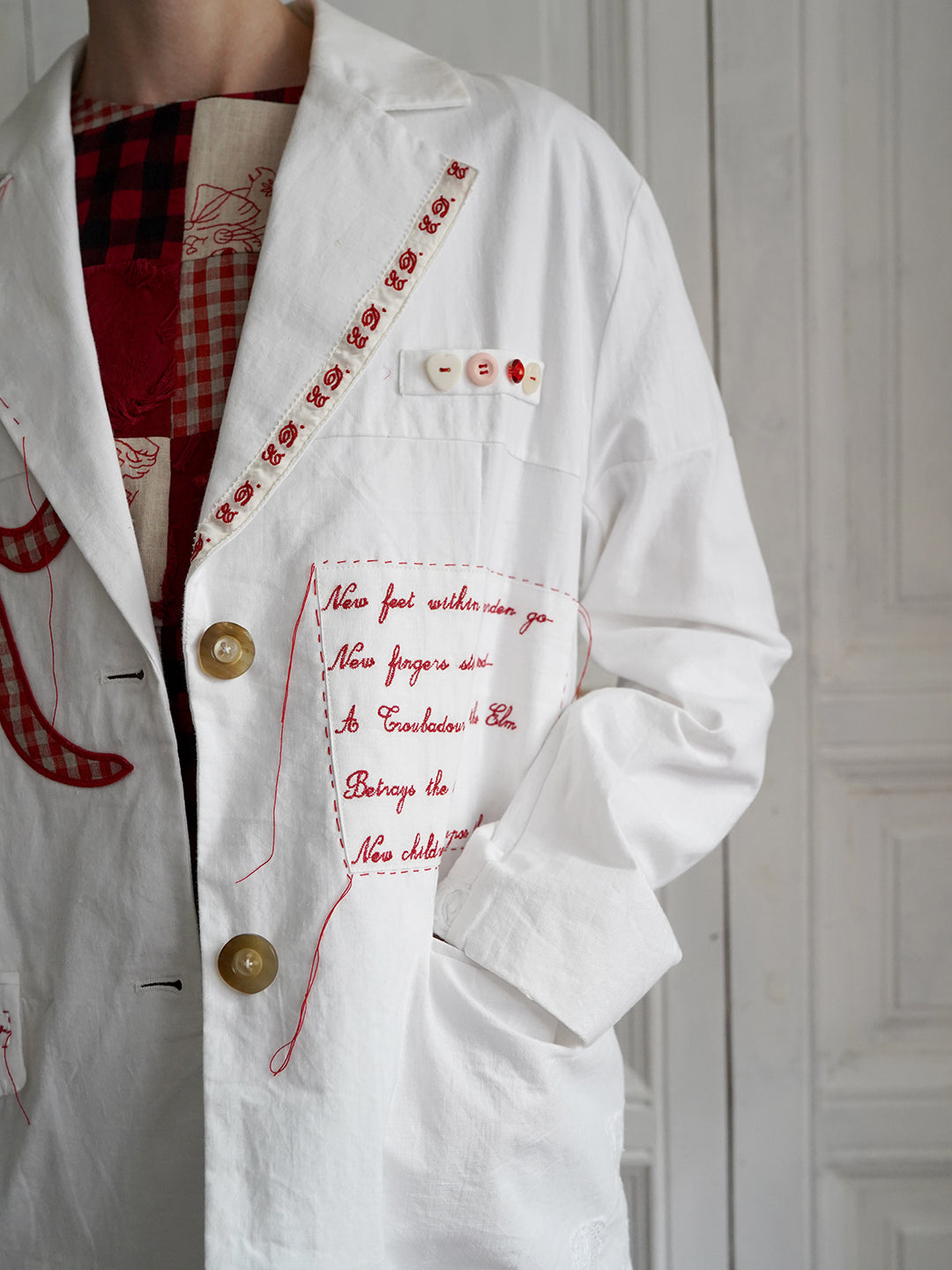 Unlogical Poem Poem Embroidery White Cotton Oversized Blazer