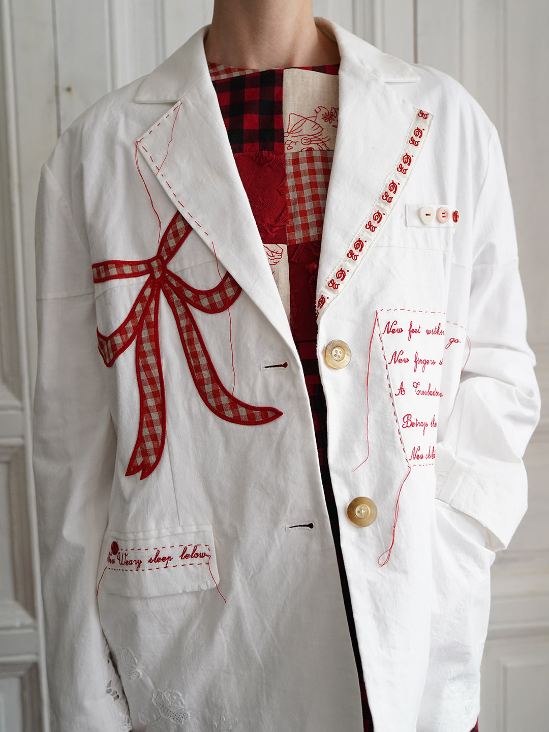 Unlogical Poem Poem Embroidery White Cotton Oversized Blazer