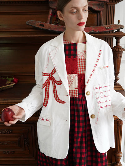 Unlogical Poem Poem Embroidery White Cotton Oversized Blazer