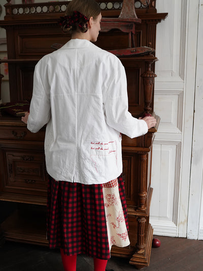 Unlogical Poem Poem Embroidery White Cotton Oversized Blazer