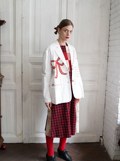 Unlogical Poem Poem Embroidery White Cotton Oversized Blazer