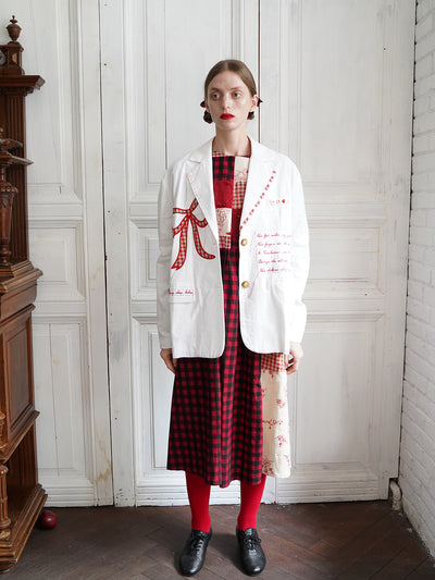 Unlogical Poem Poem Embroidery White Cotton Oversized Blazer