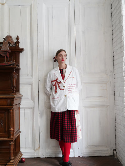 Unlogical Poem Poem Embroidery White Cotton Oversized Blazer