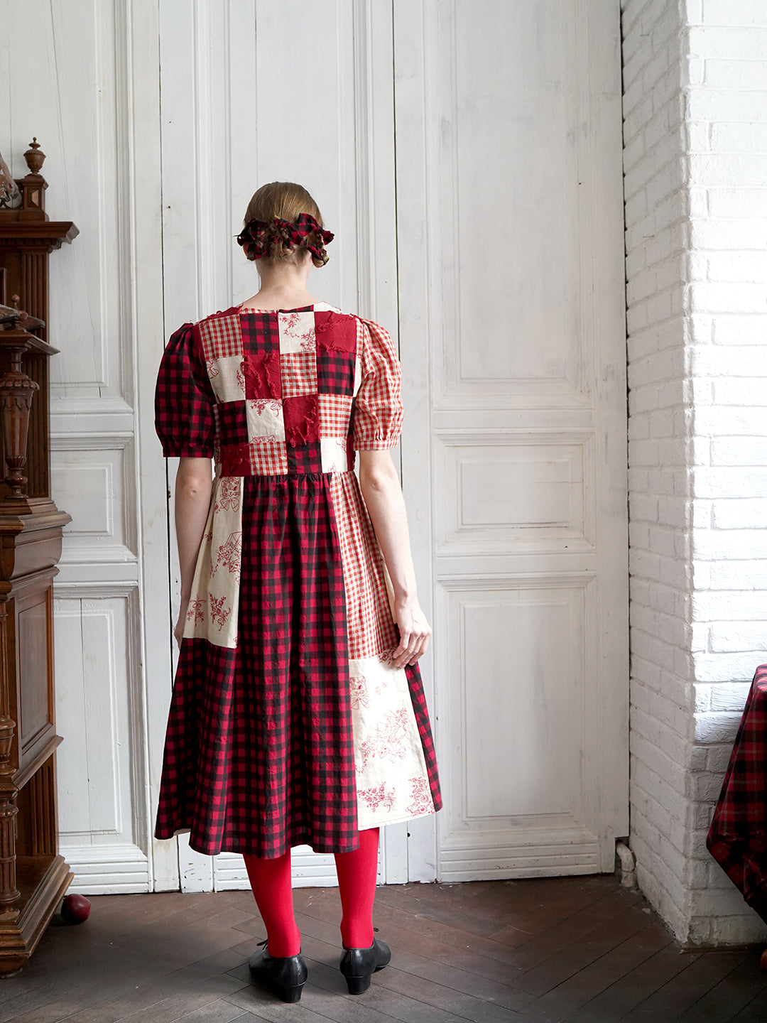 Unlogical Poem  Gingham and Embroidered Fabric Red Patchwork Dress